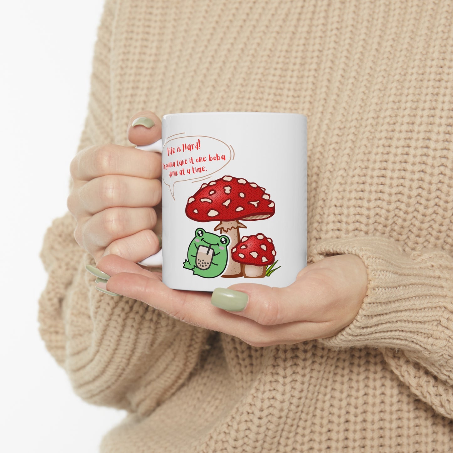 Mushroom Frog Drinking Coffee Boba Ceramic Mug 11oz
