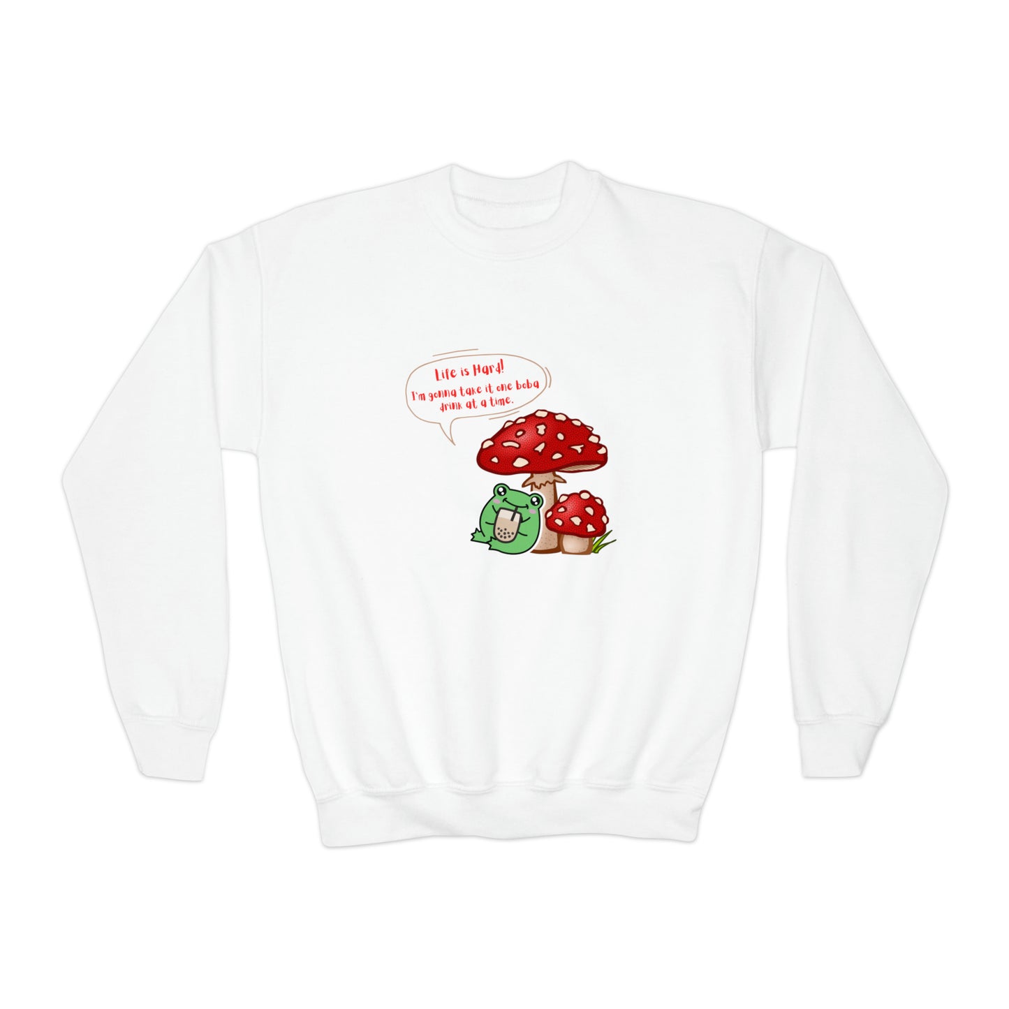 Mushroom Frog Drinking Boba Youth Crewneck Sweatshirt