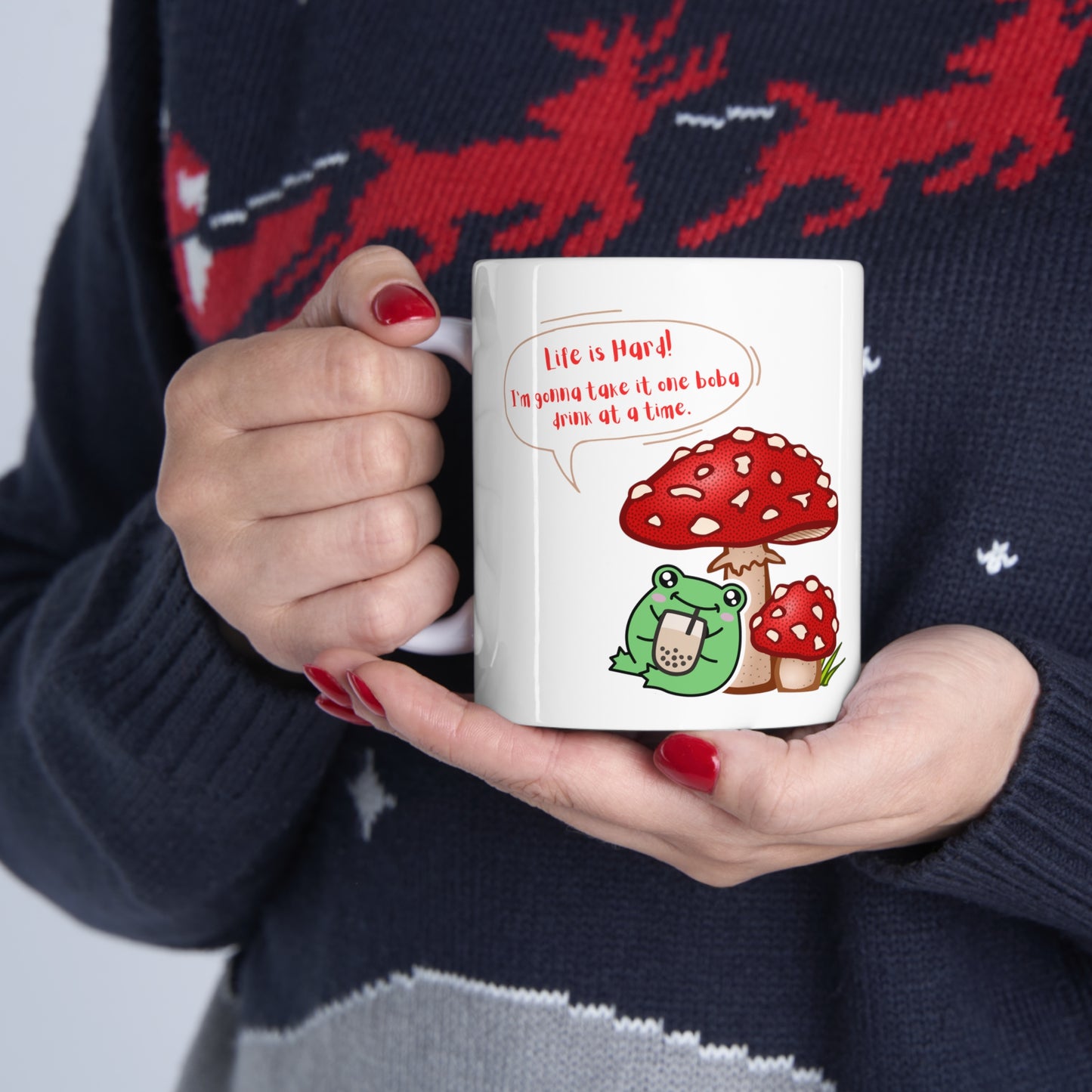 Mushroom Frog Drinking Coffee Boba Ceramic Mug 11oz