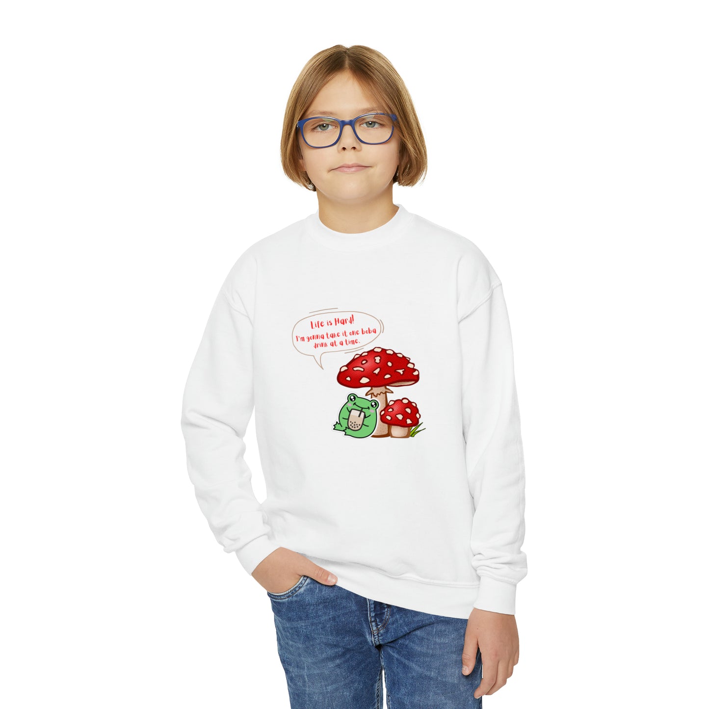 Mushroom Frog Drinking Boba Youth Crewneck Sweatshirt