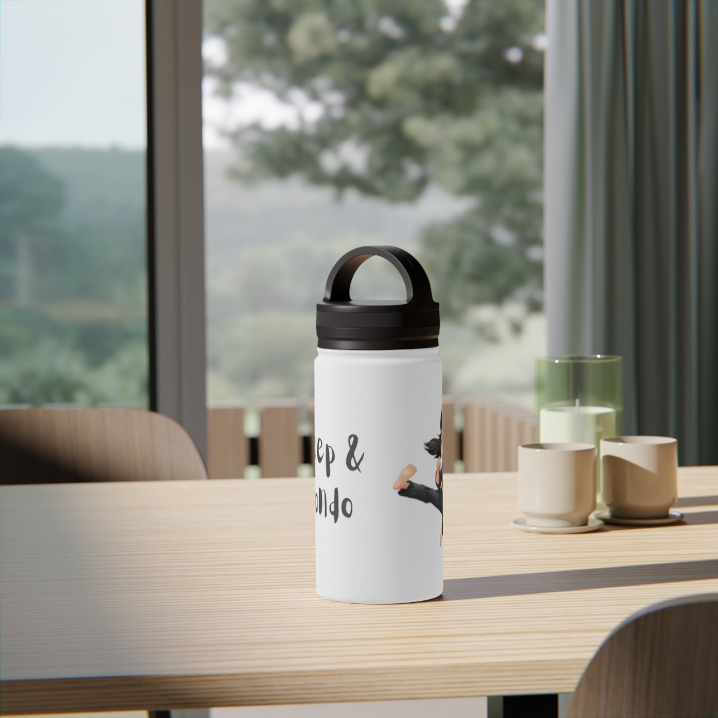 Stainless Steel Water Bottle, Handle Lid - Taekwondo Design