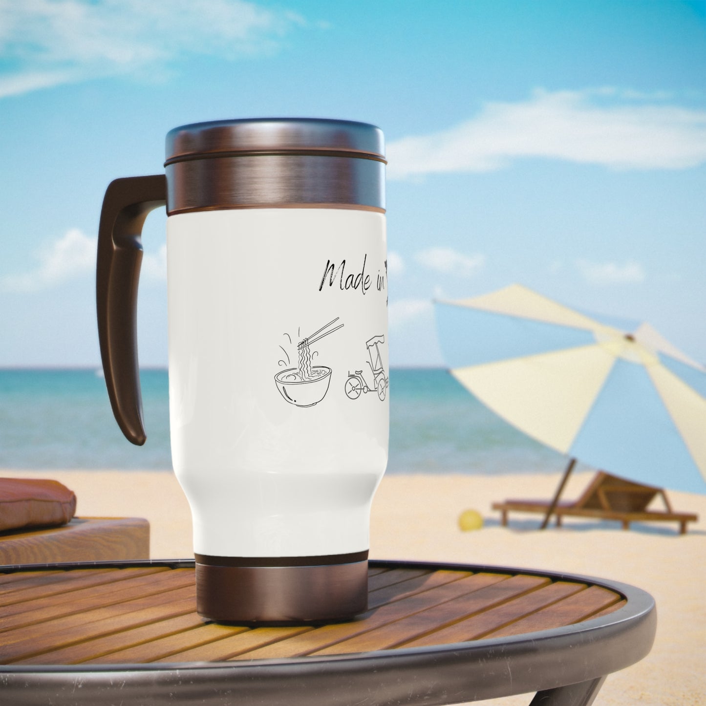 Stainless Steel Travel Mug with Handle, 14oz - Vietnam Inspired Theme