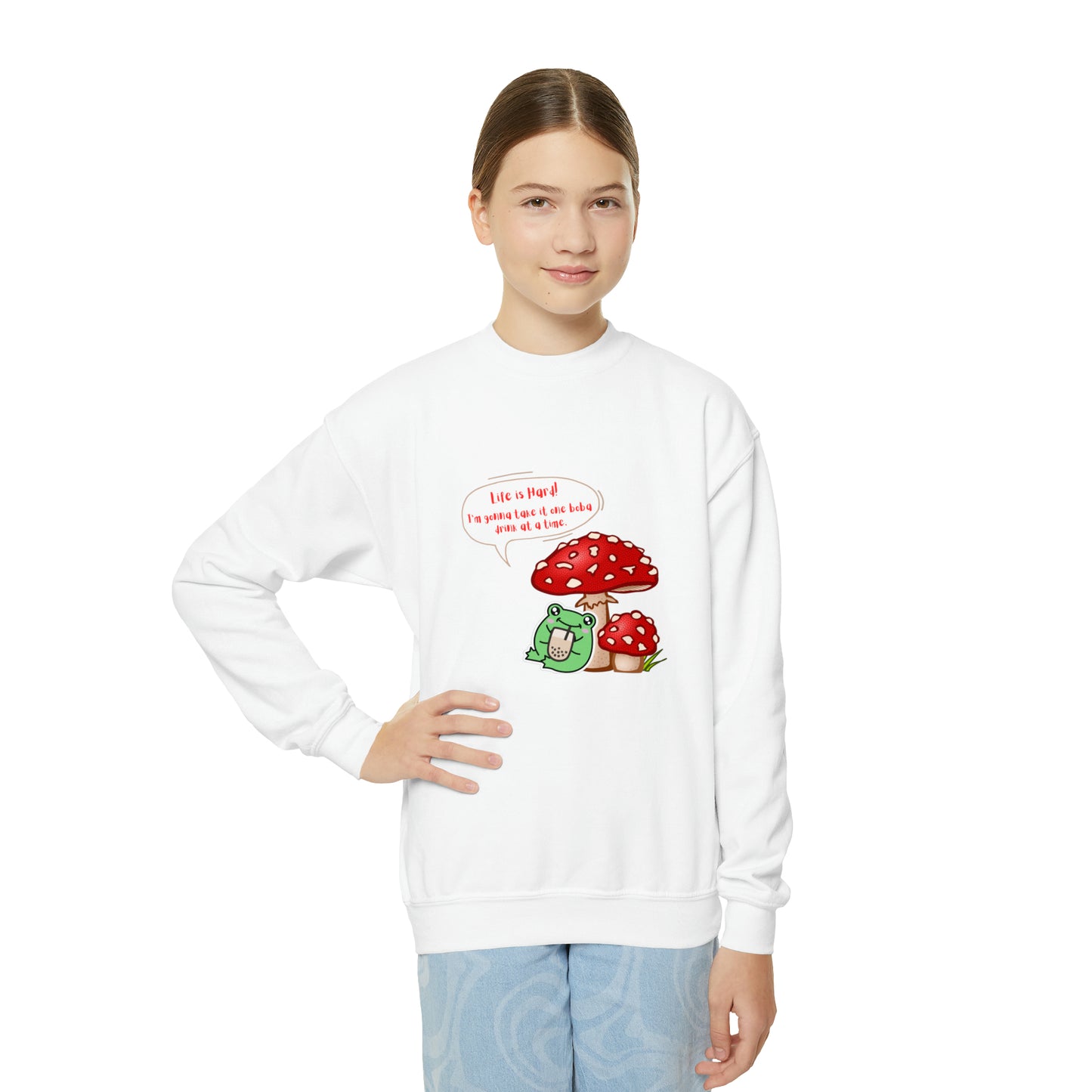 Mushroom Frog Drinking Boba Youth Crewneck Sweatshirt