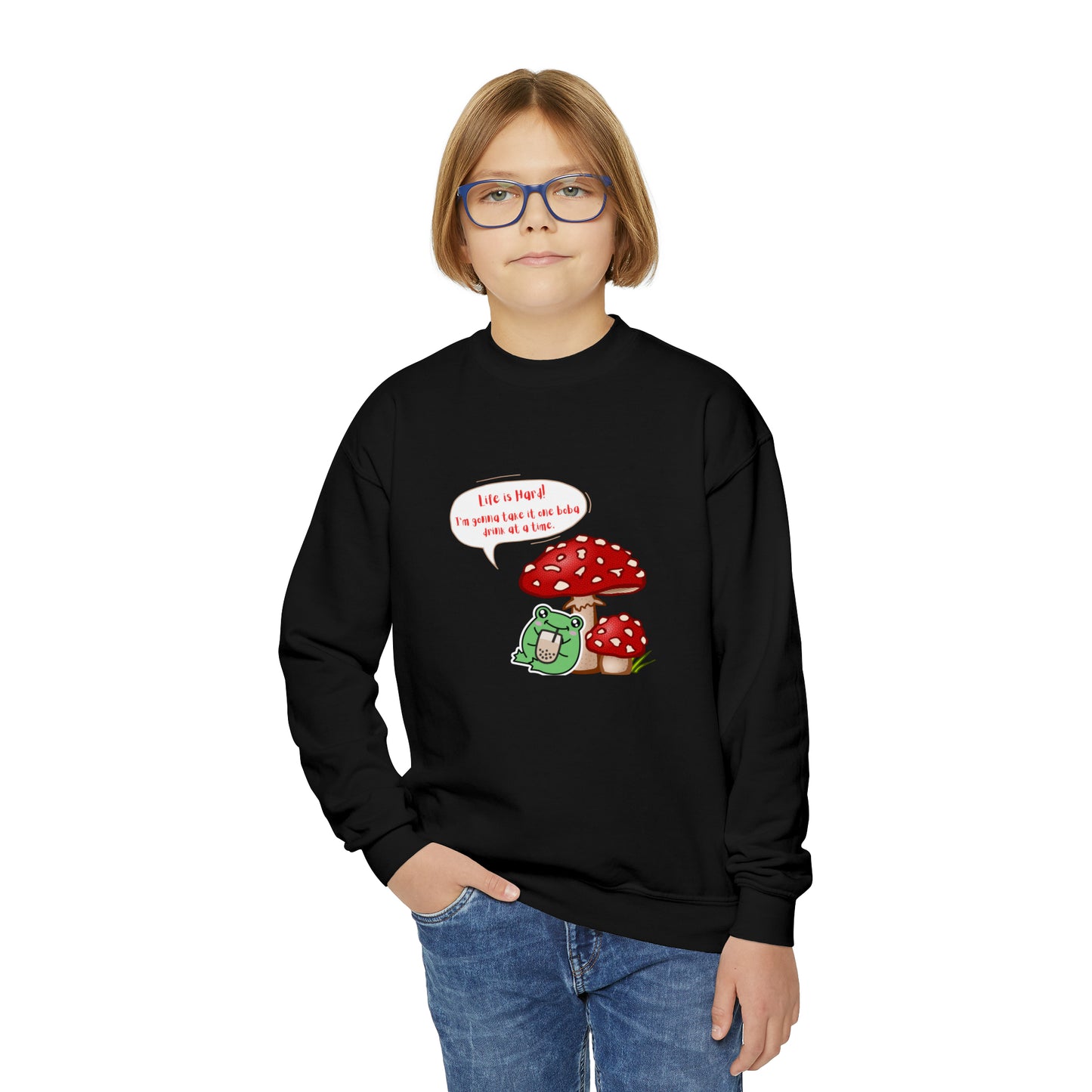 Mushroom Frog Drinking Boba Youth Crewneck Sweatshirt