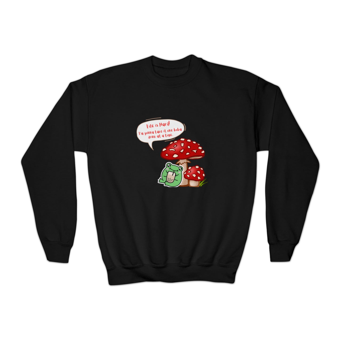 Mushroom Frog Drinking Boba Youth Crewneck Sweatshirt