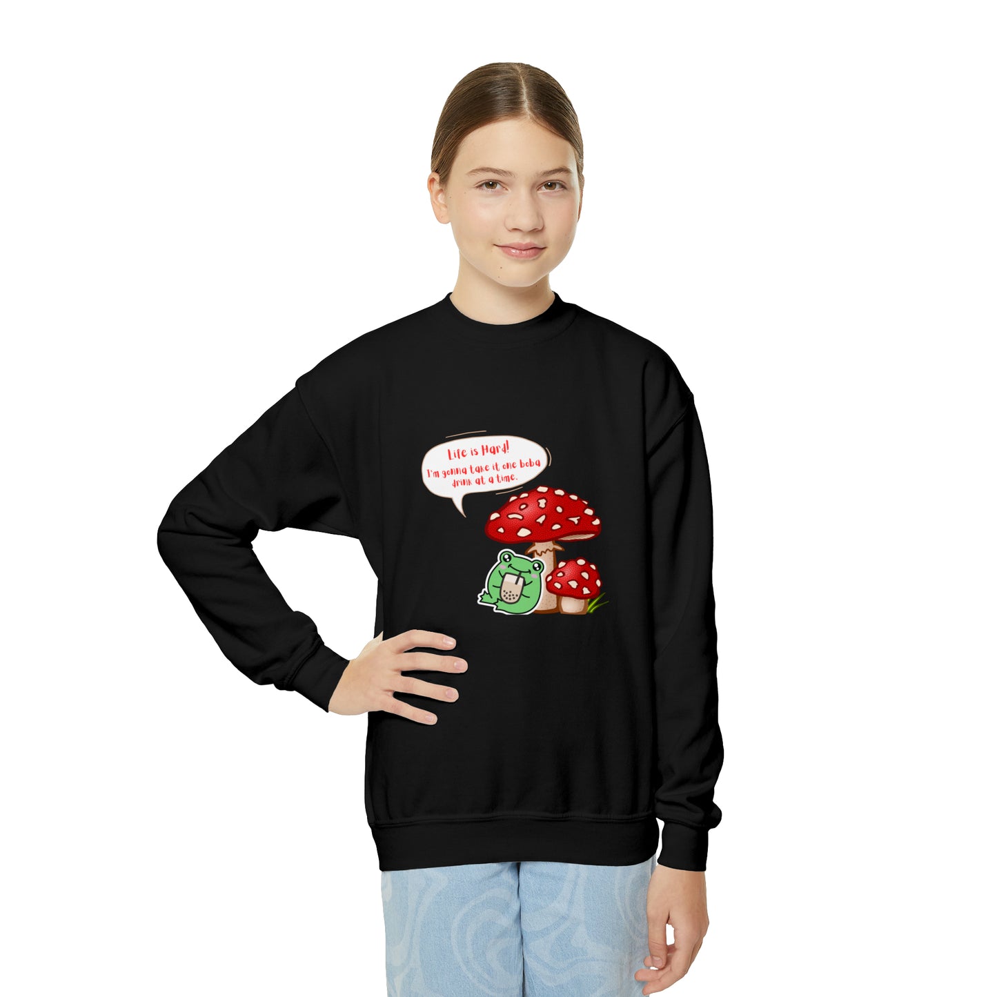 Mushroom Frog Drinking Boba Youth Crewneck Sweatshirt