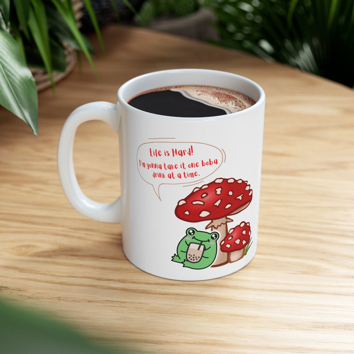 Mushroom Frog Drinking Coffee Boba Ceramic Mug 11oz
