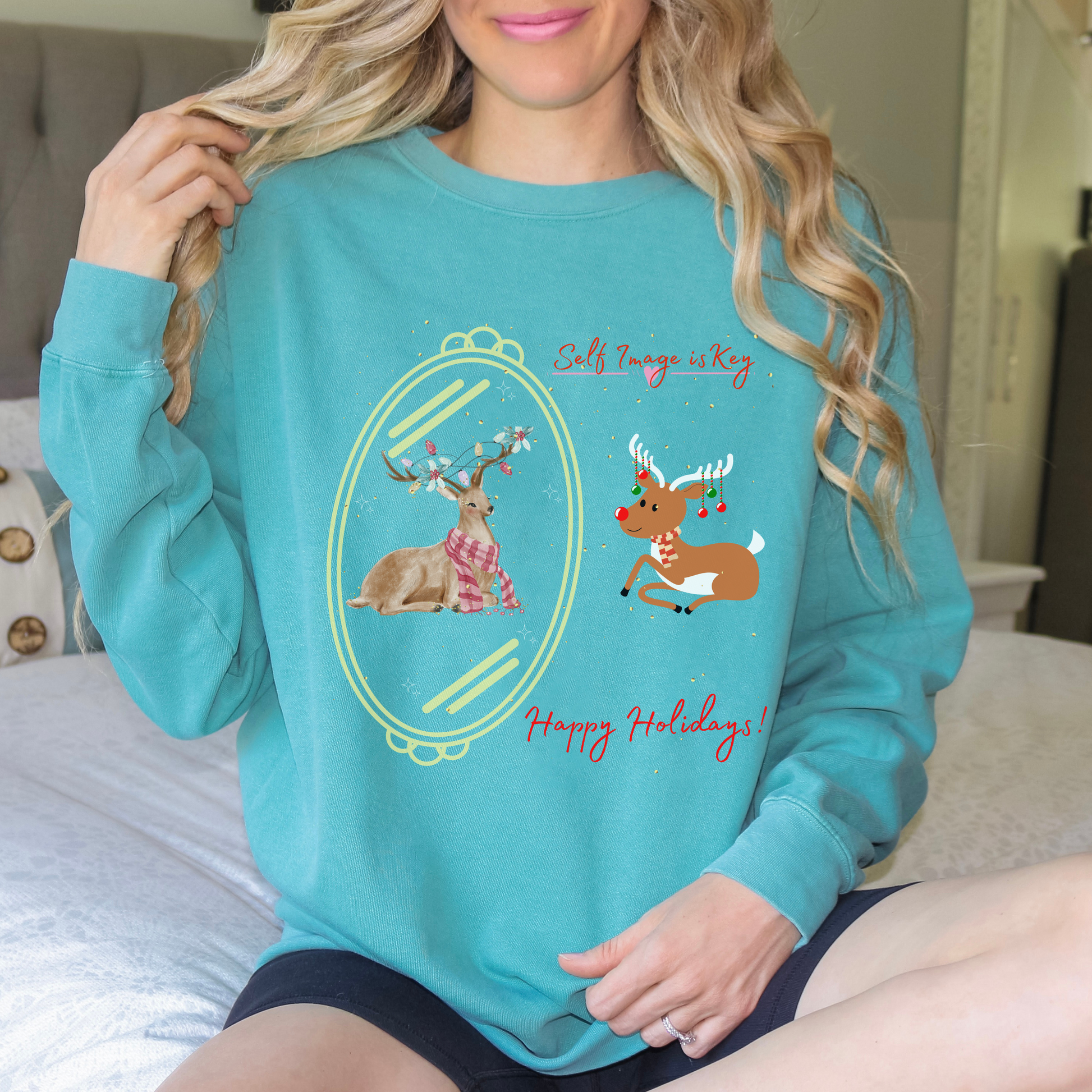 seafoam color ugly xmas sweater with self image theme